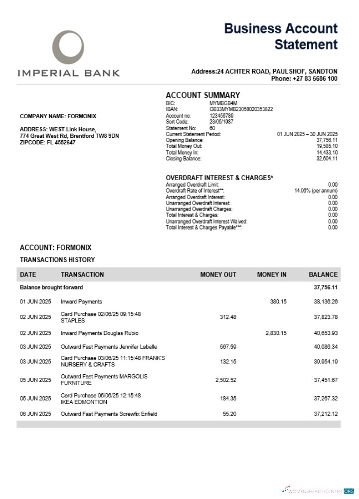 Download South African Imperial Bank firm account statement Word and PDF template Photoshop template